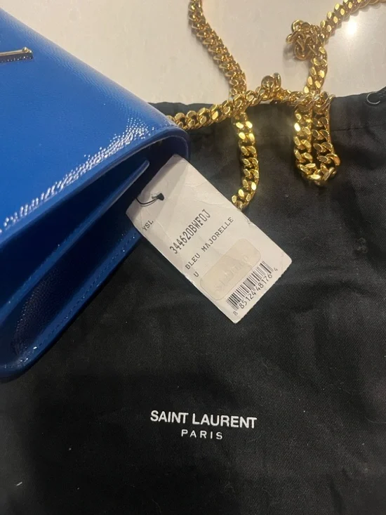Saint Laurent YSL Bleu Majorelle Blue Patent Leather Monogram Chain Bag Clutch - Picture 7 of 9